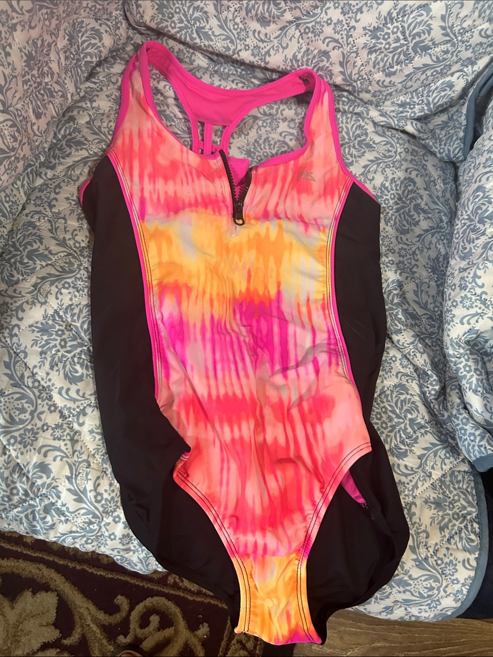 Girls Pink Tie-Dye One-Piece Swimsuit with Front Zip